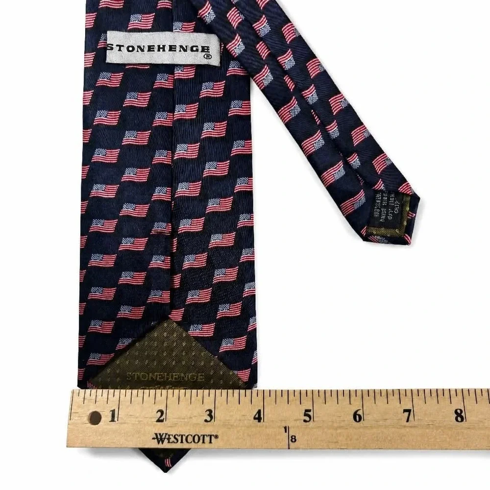 Stonehenge Silk Tie Mens Navy Blue American Flag Patriotic USA Woven Necktie